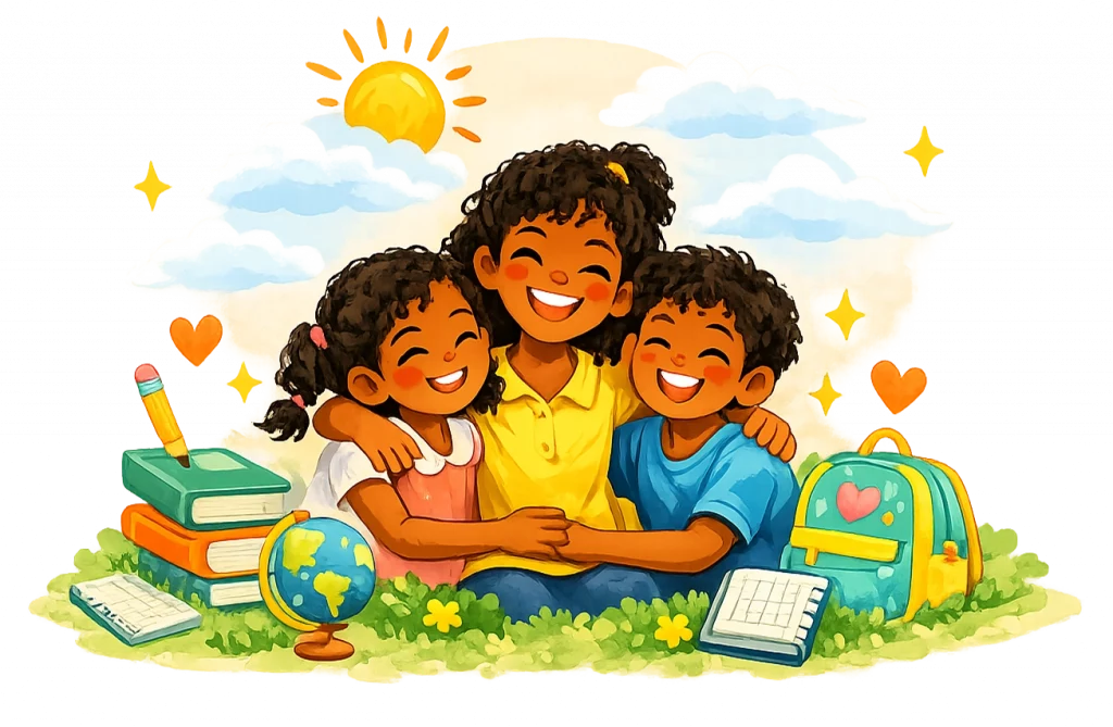 A warm illustrated graphic of smiling children surrounded by books, a backpack, and school supplies, representing the impact of donations to Bright Stars in the Dominican Republic.